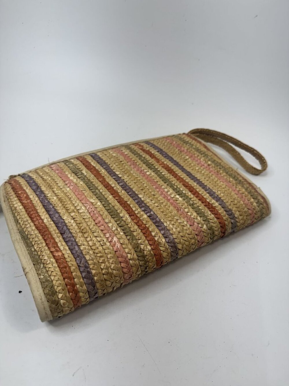 Handwoven Straw Clutch Purse With Multicolor Stripes & Wrist Strap Made In Hong